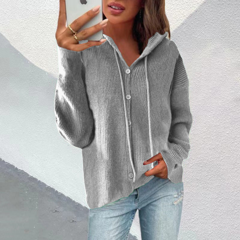 Damen Strickjacke mit Kapuze und Knopfleiste Drune