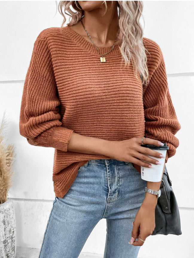 Damen Eleganter Grobstrickpullover mit tiefem V-Ausschnitt und lässigem Schnitt Drune