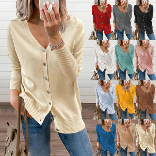 Damen Strickjacke mit modernen Knopfdetails und tiefem V-Ausschnitt Drune