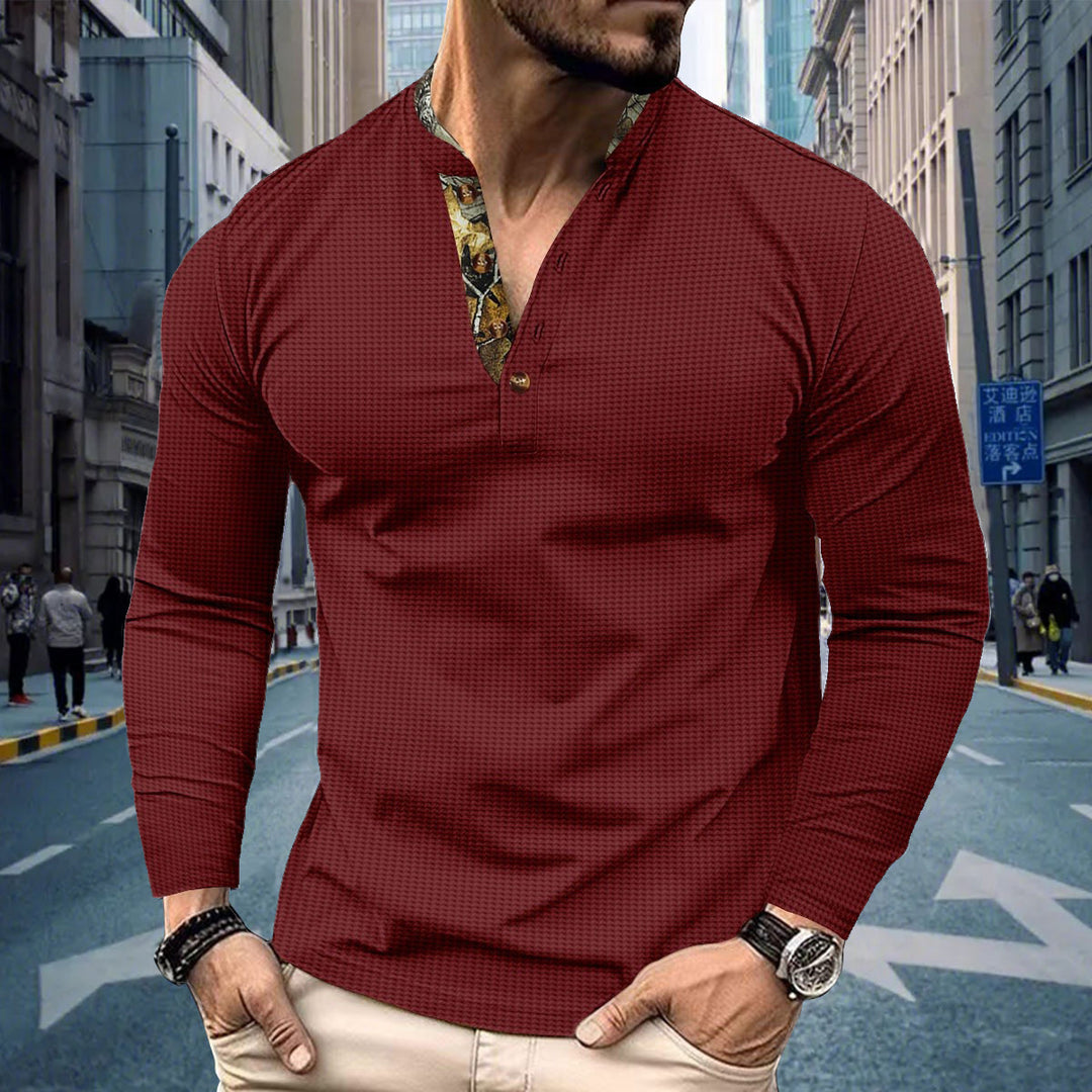 Herren nan langärmeliges Henley-Shirt mit Stehkragen und gemustertem Knopfleistenbesatz Drune