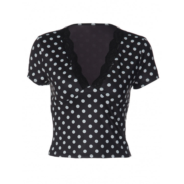 Damen Polka-Dot Top mit Spitzenakzenten und taillierter Passform Drune
