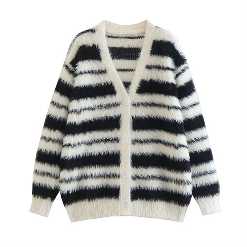 Damen Gemütlicher Strickcardigan mit modernem Streifenmuster und weichem Material Drune