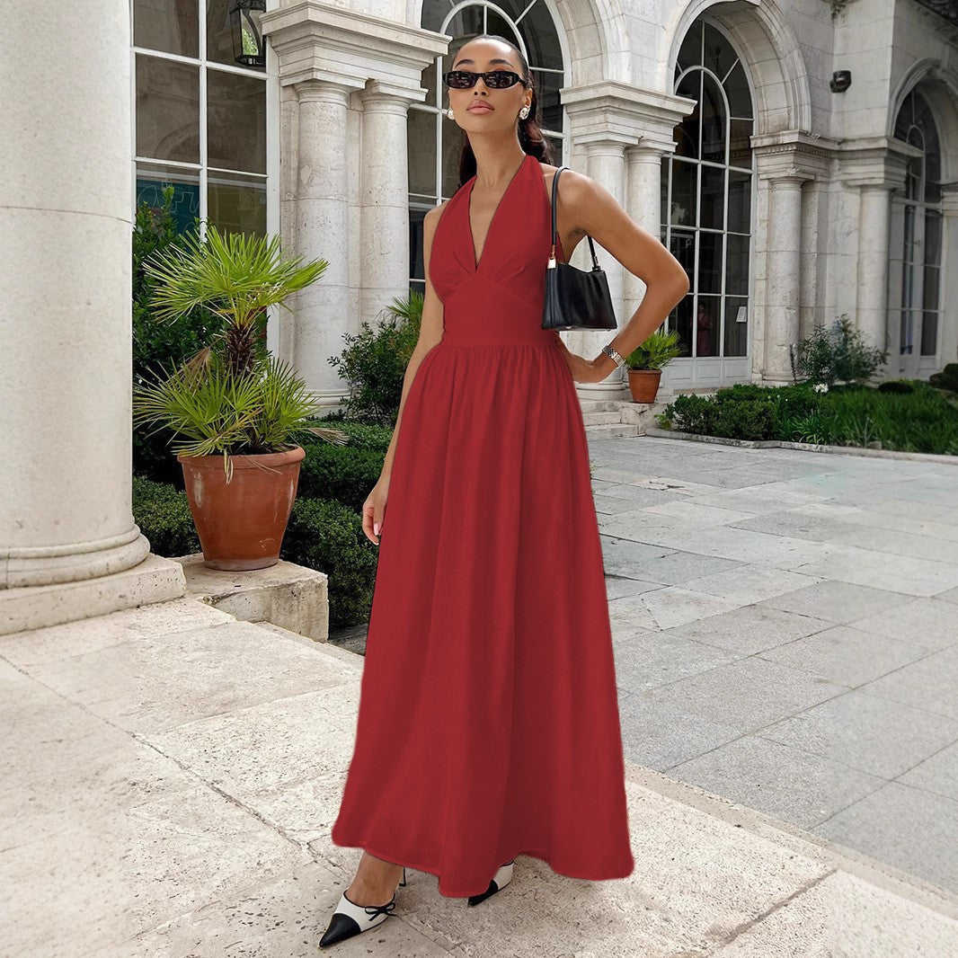Damen Maxikleid mit tieferem V-Ausschnitt und fließendem Rock Drune
