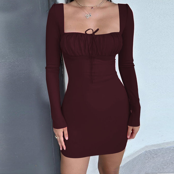 Damen figurbetontes Minikleid mit raffiniertem Ausschnitt und langen Ärmeln Drune