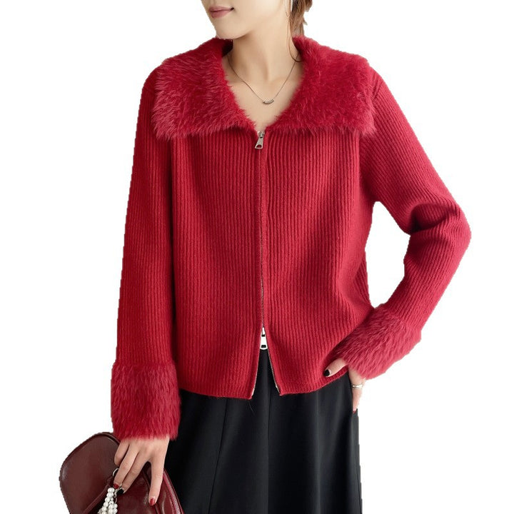 Damen Strickjacke mit luxuriösem Kunstfellkragen und Rippstruktur Drune