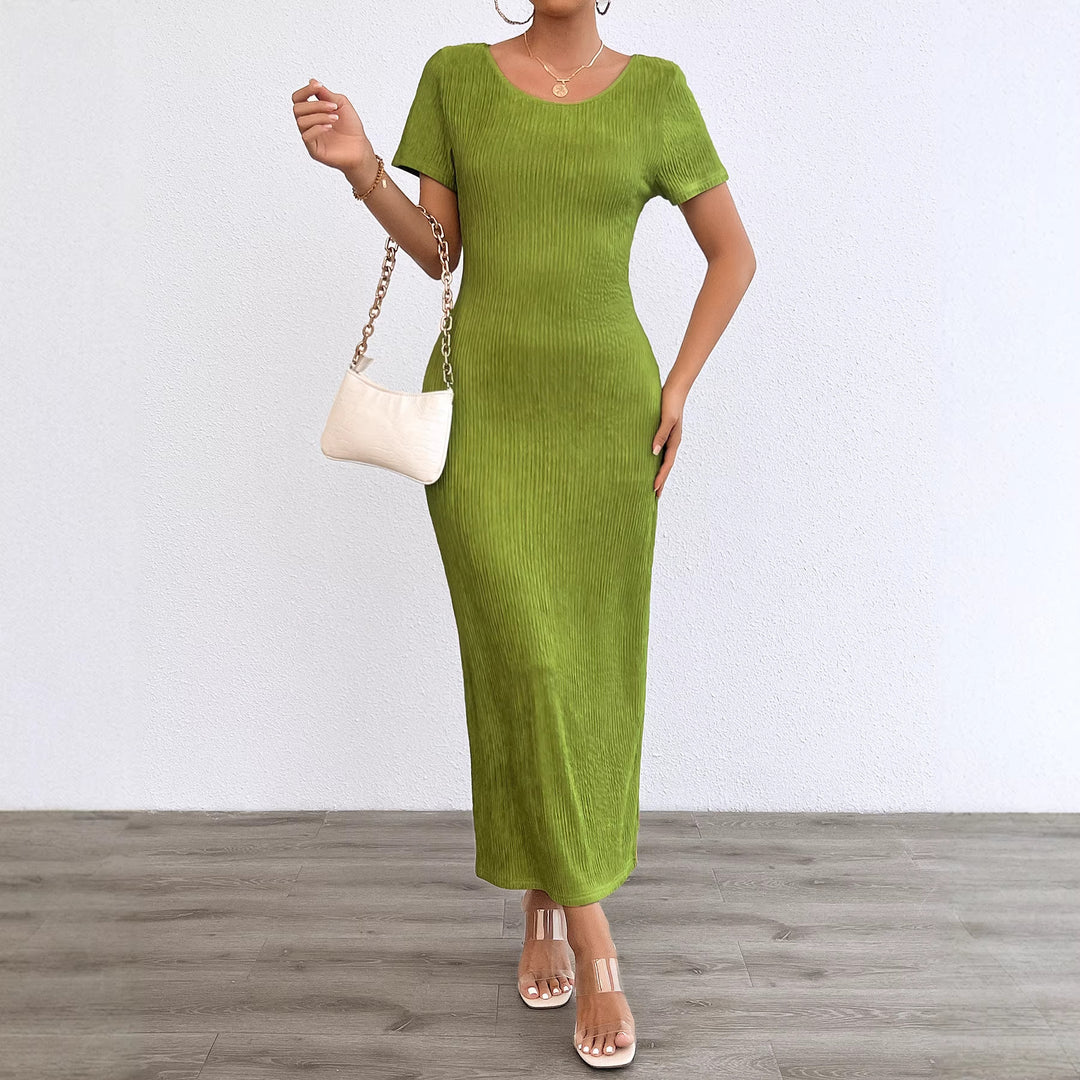 Damen Rippstrick Maxikleid mit figurbetonendem Schnitt und kurzem Ärmel Drune