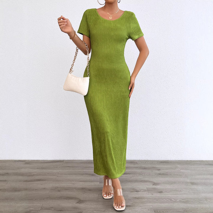 Damen Rippstrick Maxikleid mit figurbetonendem Schnitt und kurzem Ärmel Drune