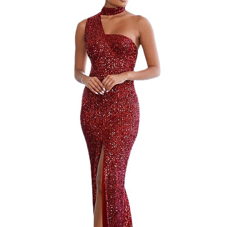 Damen Glamouröses Abendkleid mit schimmerndem Paillettenbesatz und hohem Schlitz Drune