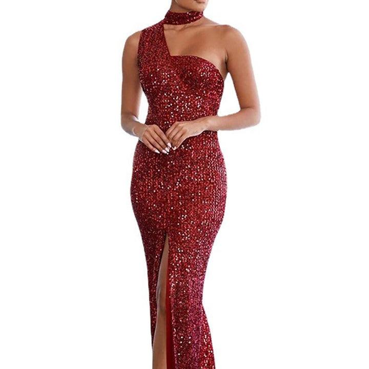 Damen Glamouröses Abendkleid mit schimmerndem Paillettenbesatz und hohem Schlitz Drune