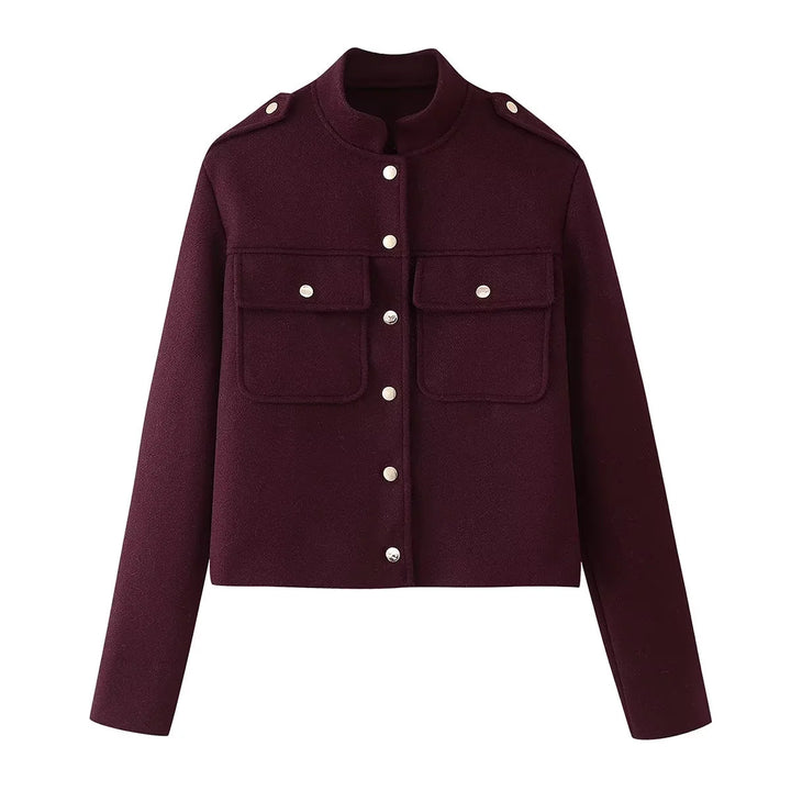 Damen kurze Militärjacke mit Taschen und dekorativen Knöpfen Drune