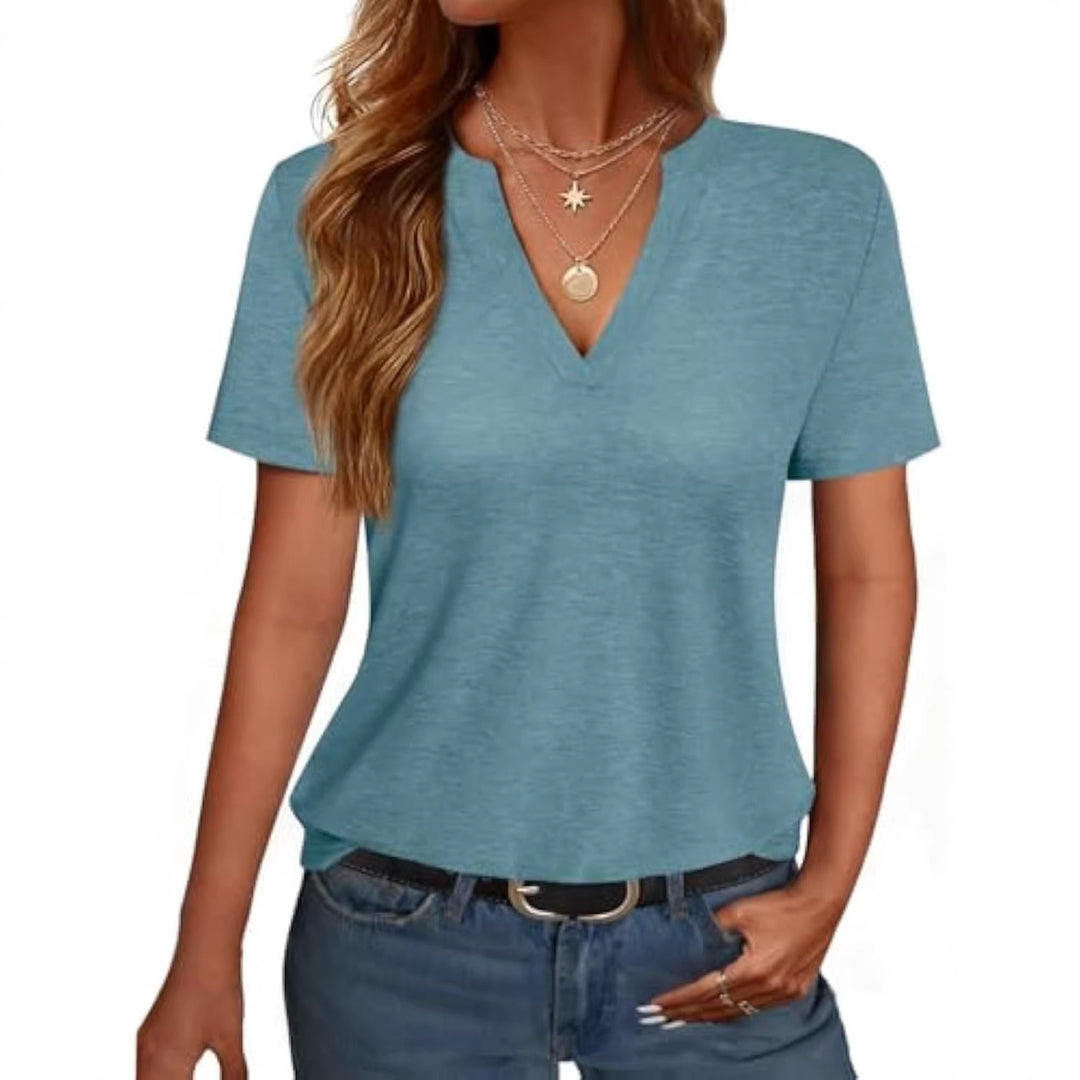Damen V-Ausschnitt T-Shirt mit legerem Schnitt und sanftem Stoff Drune