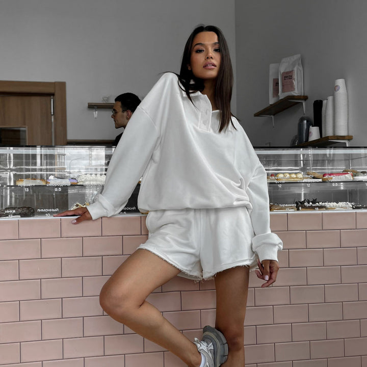 Damen lässiges Sweatshirt und Shorts-Set mit fransigen Abschlüssen Drune