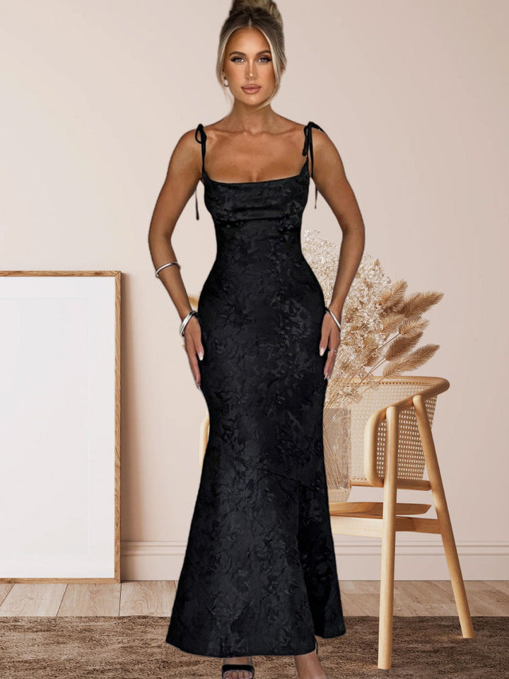 Damen Elegantes Langarm Abendkleid mit floralem Jacquard-Muster und zartem Rückenausschnitt Drune