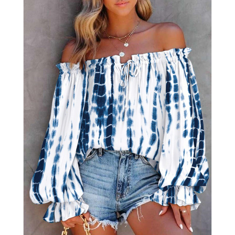Damen Off-Shoulder Bluse mit buntem Muster und elastischem Saum Drune