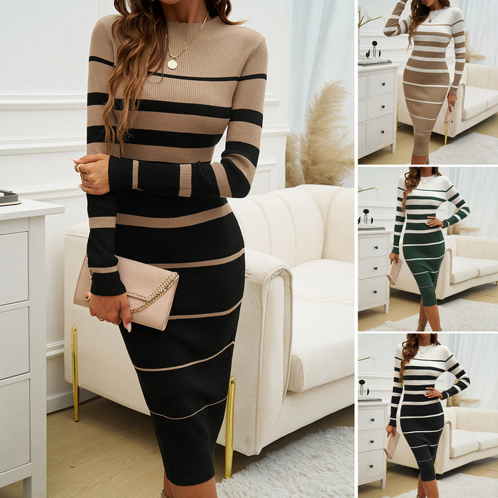 Damen figurbetontes Streifen-Midikleid mit Langarm und Rippstruktur Drune