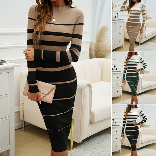 Damen figurbetontes Streifen-Midikleid mit Langarm und Rippstruktur Drune