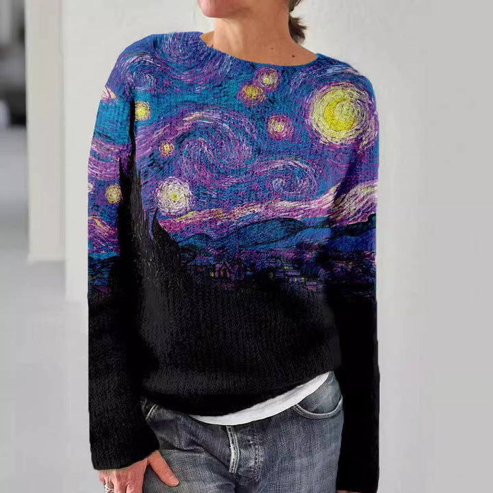 Damen nan bestickter Strickpullover mit reliefartiger Blumenstickerei und Rundhalsausschnitt Drune