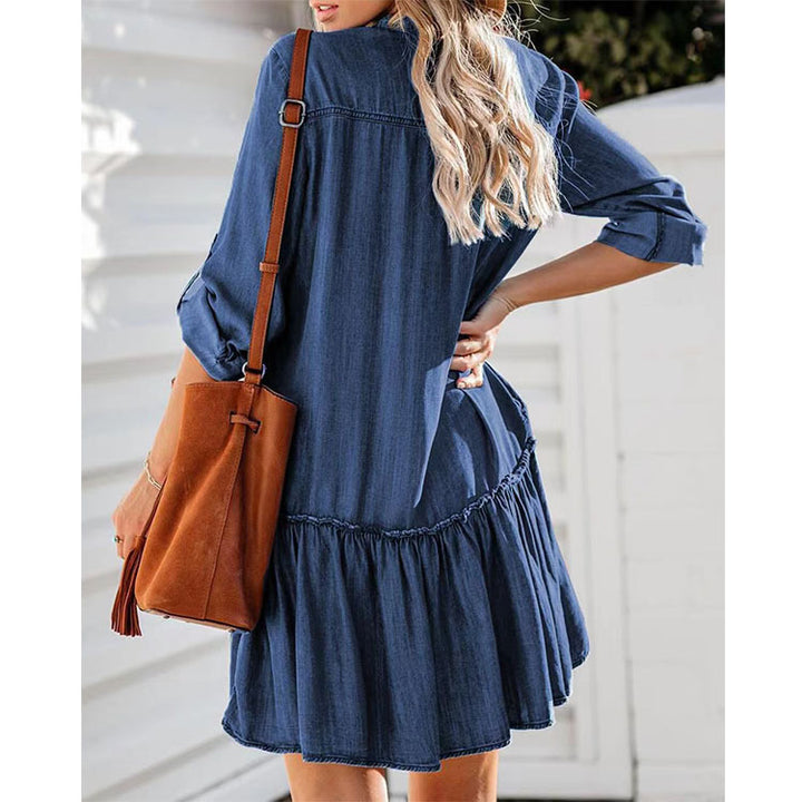 Damen nan locker fallendes Jeans-Hemdkleid mit Volantstufe und aufgesetzten Taschen Drune