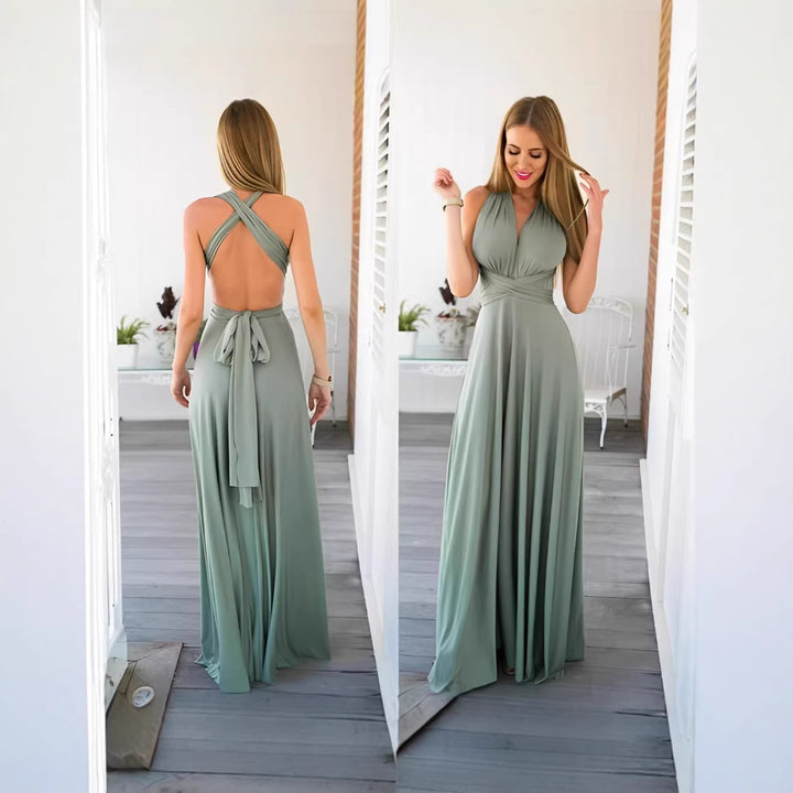 Damen elegantes Rundhals-Maxikleid mit variablen Trägeroptionen und fließendem Schnitt Drune