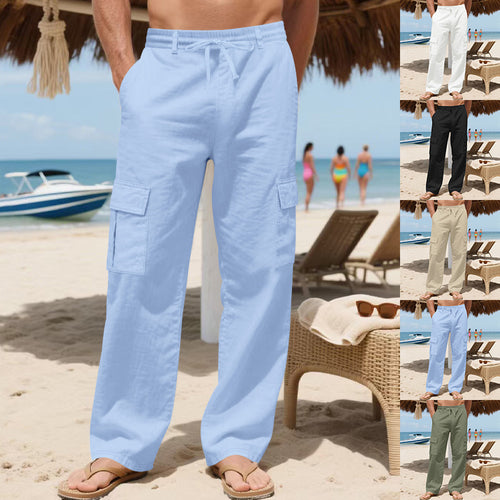Herren nan lockere Cargo-Strandhose aus Leinenmix mit elastischem Bund und verstellbarem Kordelzug Drune