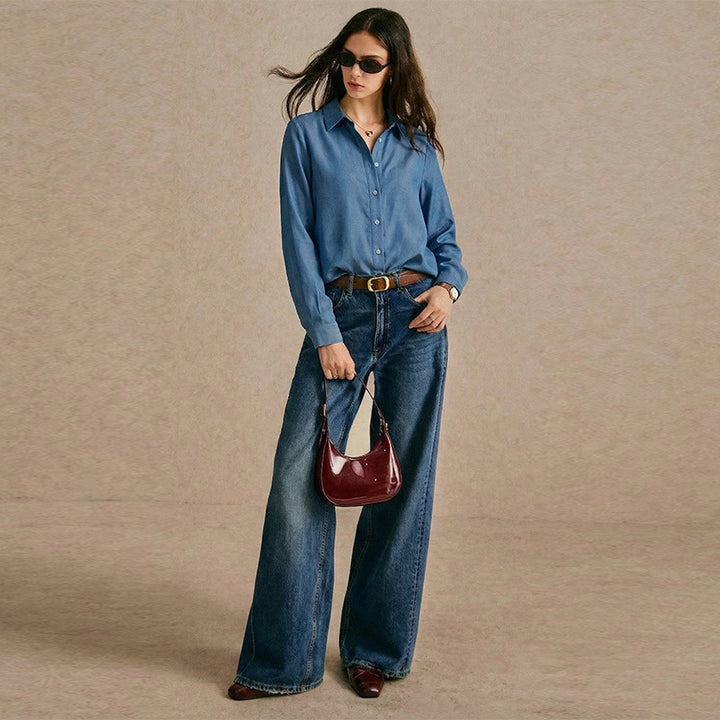 Damen klassische Denim-Bluse mit Knopfleiste und modischem Schnitt Drune