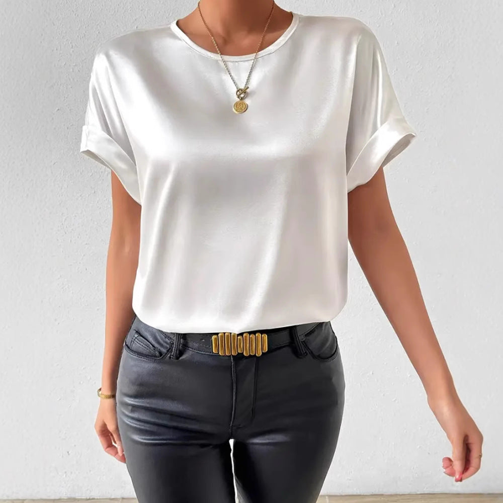 Damen Satin T-Shirt mit umgeschlagenen Ärmeln Drune