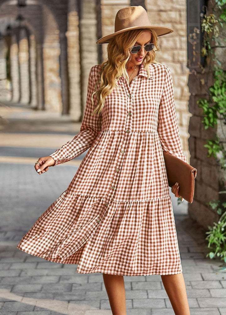 Damen karierte Midi-Bluse mit Knopfleiste und ausgestelltem Rock Drune