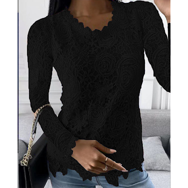 Damen nan Spitzenoberteil mit V-Ausschnitt, taillierter Silhouette und romantischem Wellensaum Drune