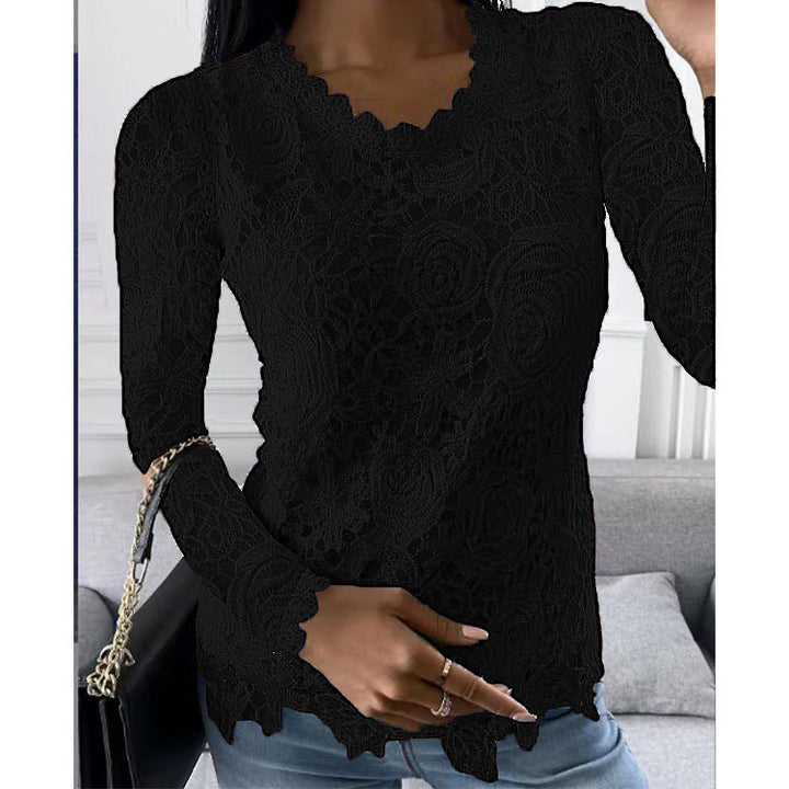 Damen nan Spitzenoberteil mit V-Ausschnitt, taillierter Silhouette und romantischem Wellensaum Drune