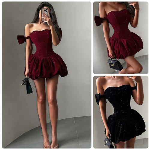 Damen Glitzerndes Cocktailkleid mit schulterfreiem Design und voluminösem Rock Drune