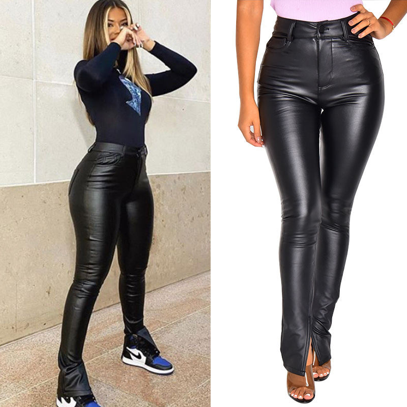 Damen Hochgeschlossene Kunstlederhose mit seitlichen Schlitzen Drune