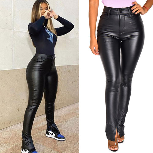Damen Hochgeschlossene Kunstlederhose mit seitlichen Schlitzen Drune