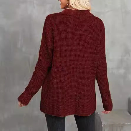 Damen modischer Waffle-Pullover mit Knöpfen Drune