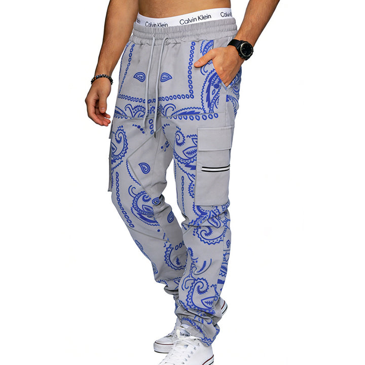 Herren nan Cargo-Jogginghose mit Paisley-Muster, elastischem Bund, multiple Reißverschluss- und Klappentaschen Drune