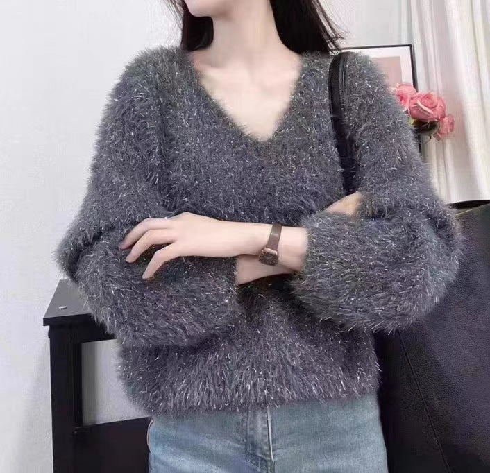 Damen kuscheliger V-Ausschnitt Pullover mit glitzerndem Faden Drune