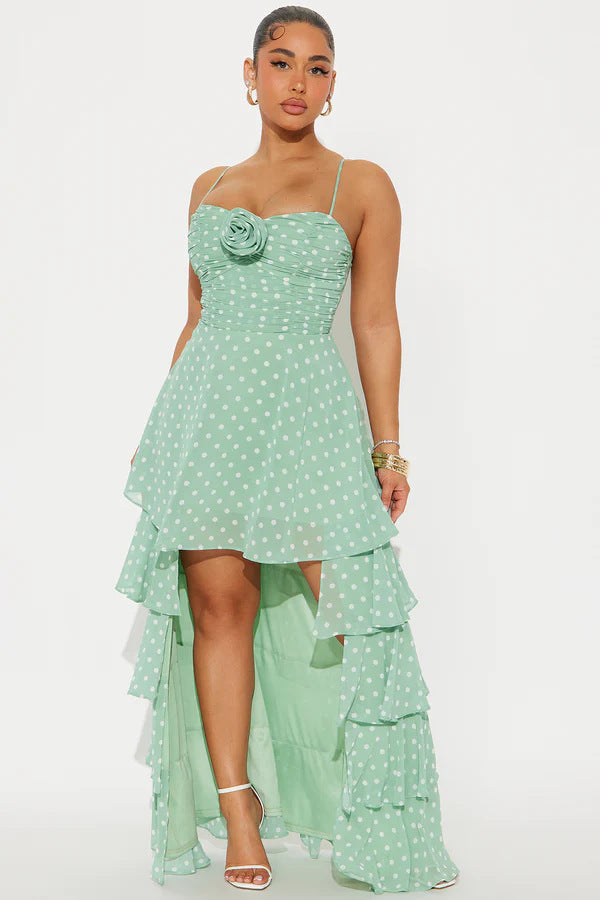 Damen Verspieltes Polka-Dots Maxikleid mit asymmetrischem Rock und floralen Akzenten Drune