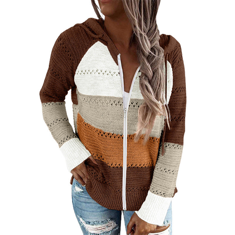 Damen lässige Strickjacke mit Kapuze und dekorativem Lochmuster Drune