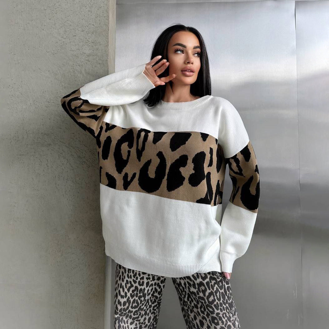 Damen Grobstrickpullover mit modischem Leopardenmuster Drune