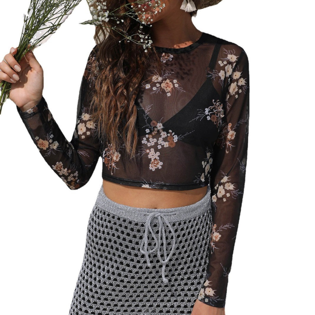 Damen eleganter leichter Mesh-Top mit floralem Muster Drune