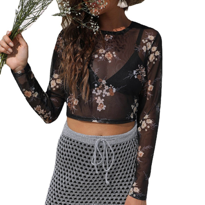 Damen eleganter leichter Mesh-Top mit floralem Muster Drune