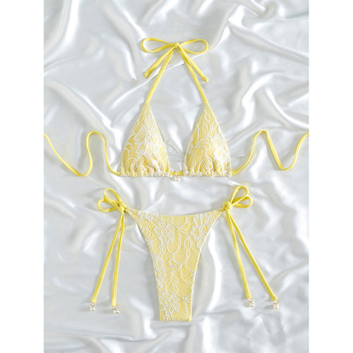 Damen Triangel-Bikini mit zartem Häkelmuster und verstellbaren Bindebändern Drune