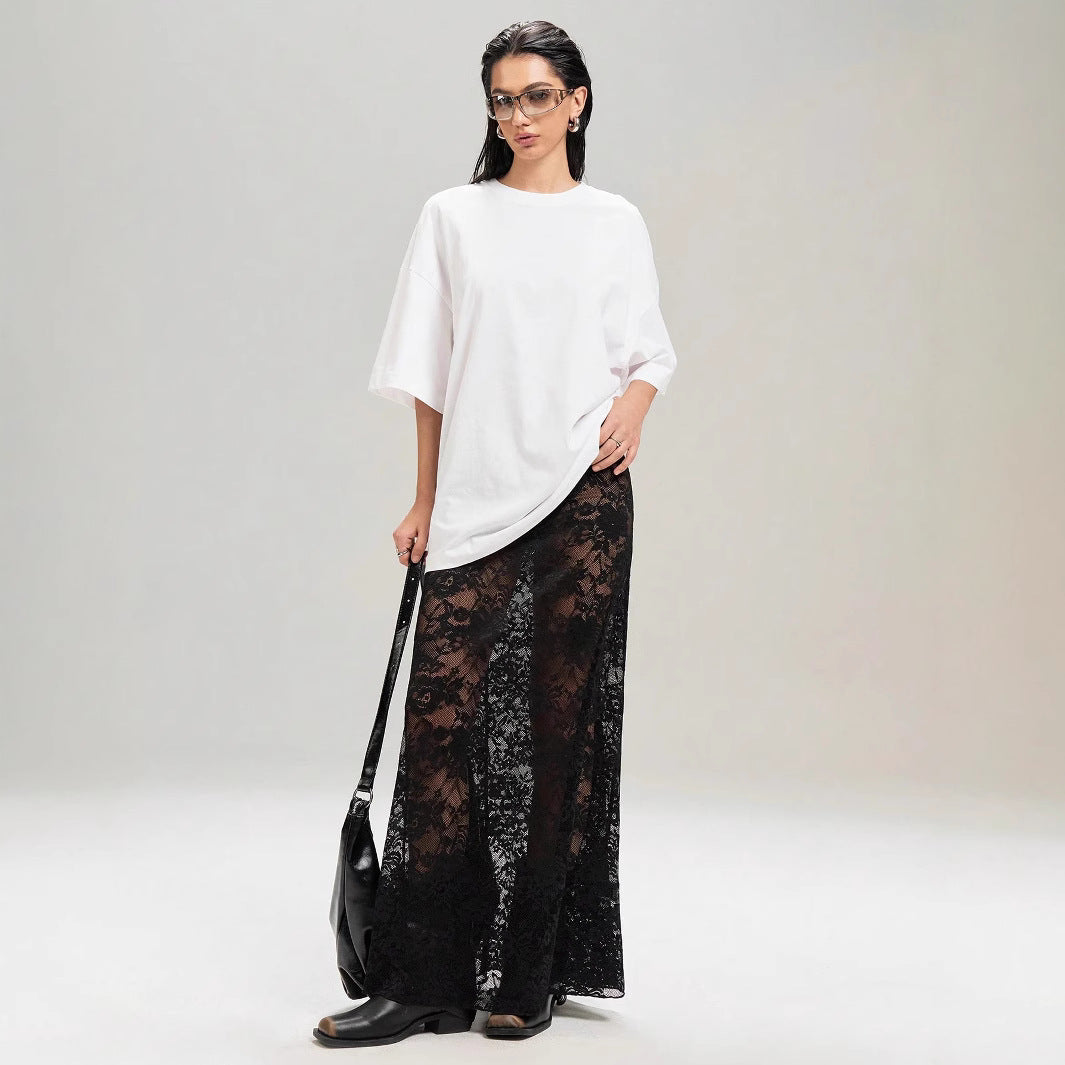 Damen Maxirock aus eleganter Spitze mit hohem Schlitz und voluminösem Schnitt Drune