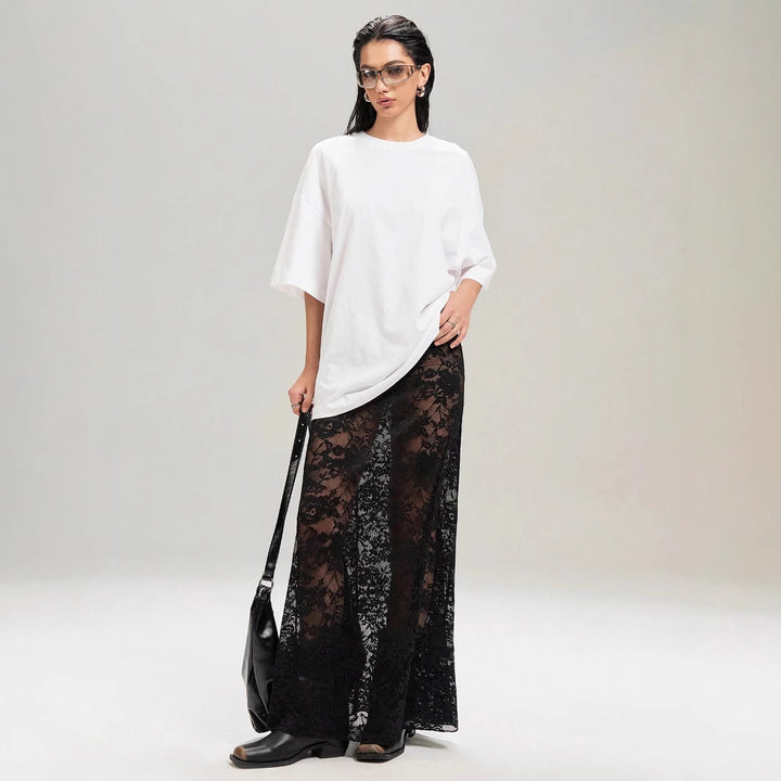 Damen Maxirock aus eleganter Spitze mit hohem Schlitz und voluminösem Schnitt Drune