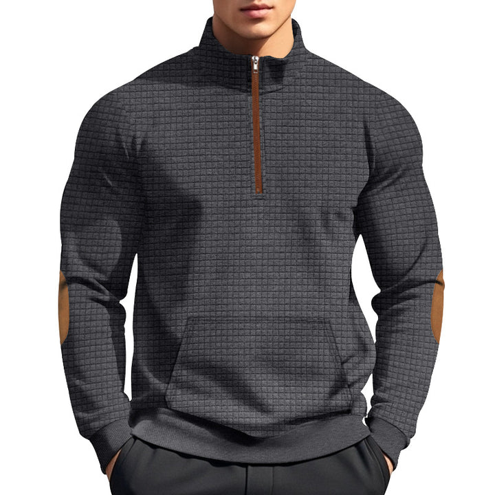 Herren nan gestepptes Halfzip-Sweatshirt mit Stehkragen, Kängurutasche und Kunstleder-Ellenbogenpatches Drune