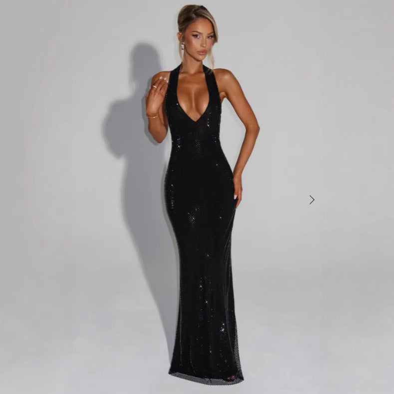 Damen Glitzerndes Abendkleid mit tiefem V-Ausschnitt und figurbetontem Schnitt Drune