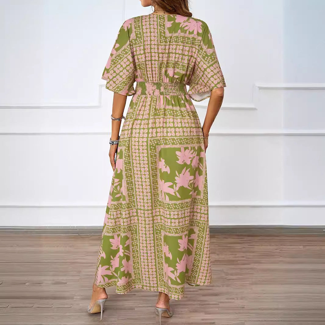 Damen luftiges Maxikleid mit tiefem V-Ausschnitt und eleganten Rüschen Drune