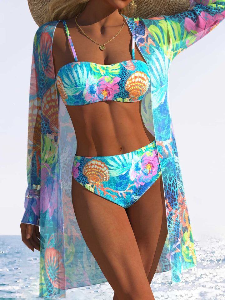 Damen Bikini-Set mit floralem Druck und transparenter Cover-Up Jacke Drune