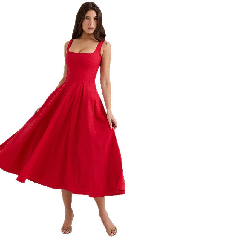 Damen A-Linien Kleid mit quadratischem Ausschnitt und schmalen Trägern Drune