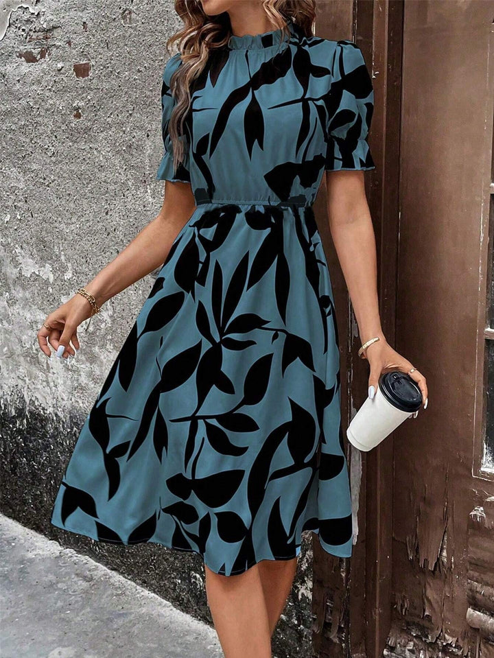 Damen Elegantes Midi-Kleid mit modischem Pflanzenmuster und Gummizug in der Taille Drune