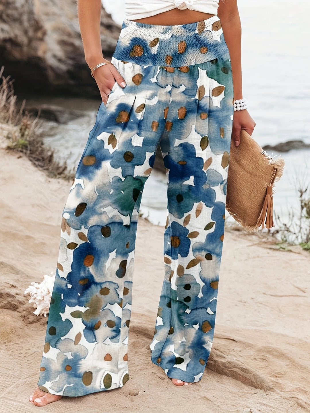 Damen Palazzo-Hosen mit floralem Druck und elastischem Bauchbund Drune